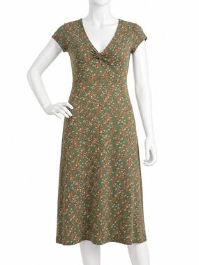 Toad&Co Midi Dress Medium Olive Green Coral Print Twist Neck Organic Cotton